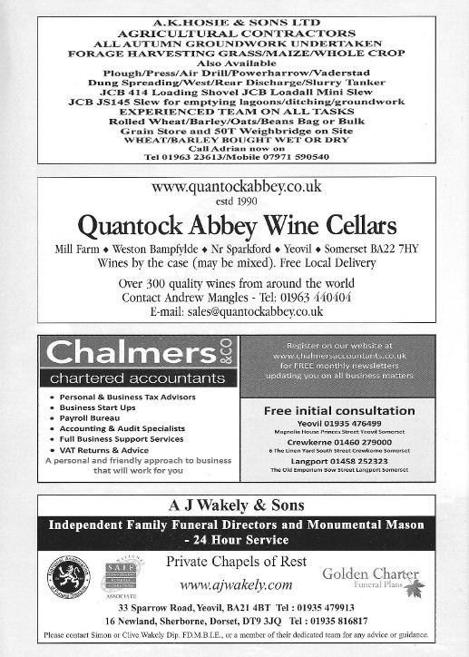 JCS Pg 8 Commercial Sponsors A K Hosie & Sons, Quantock Abbey Wine Cellars, Chalmers Chartered Accountants, A J Wakely & Sons